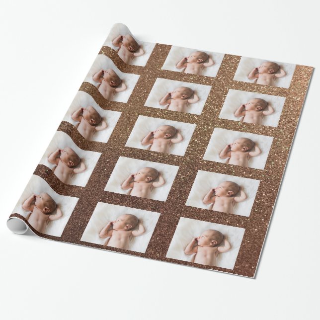 Personalized Photo on Faux Champagne Gold Glitter Wrapping Paper (Unrolled)