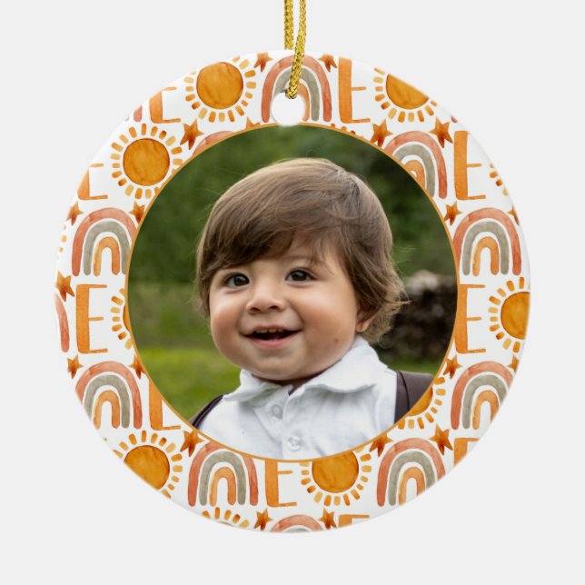 Personalized Photo "One" Rainbow & Sunshine Ceramic Ornament (Front)