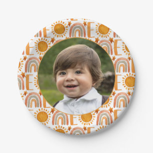 Personalized Photo "One" Rainbow & Sunshine Paper Plates