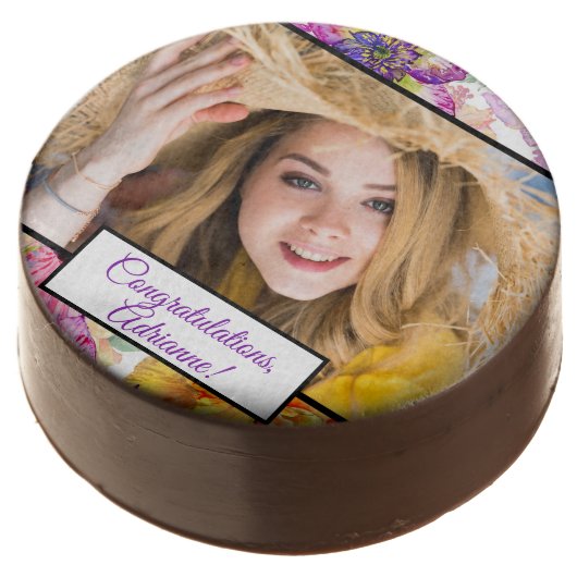 Personalized Photo Orange Yellow Purple Floral Chocolate Covered Oreo (Angled)