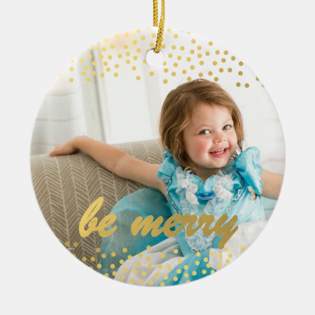 Personalized photo ornament | be merry | gold (Front)