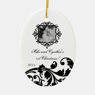 Personalized Photo Ornament Black White Floral