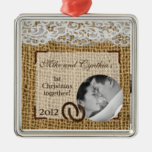 Personalized Photo Ornament Horse Shoes on Burlap (Front)