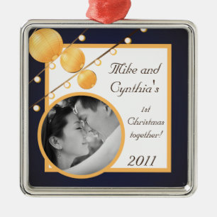 Personalized Photo Ornament Paper Lanterns on Blue