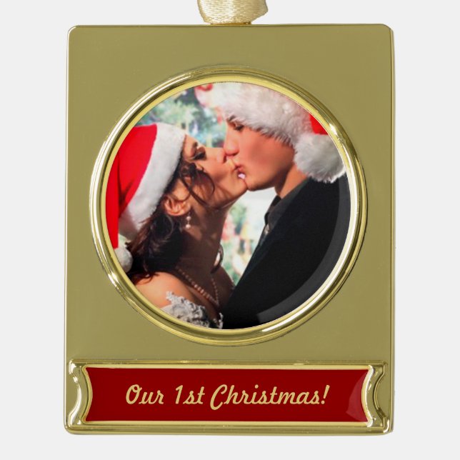 Personalized Photo "our 1st Christmas" Gold Plated Banner Ornament (Front)