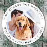 Personalized Photo Pet Dog Just Married Wedding Classic Round Sticker<br><div class="desc">Add the finishing touch to your dog wedding announcements with these custom photo, and personalized 'My Humans Got Married stickers. Customize with your favorite photo,  names and date. COPYRIGHT © 2020 Judy Burrows,  Black Dog Art - All Rights Reserved. Personalized Photo Pet Dog Just Married Wedding Classic Round Sticker</div>