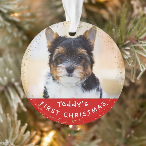 Personalized Photo Pet Dog Puppy Holiday Red Gold Ornament