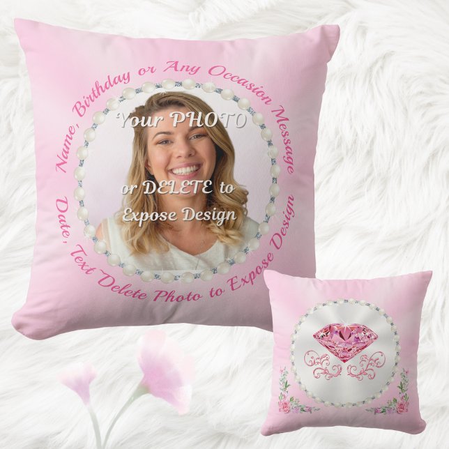 Personalized Photo Pillow, Pink Birthday Presents Throw Pillow (Pink Throw Pillow. Photo birthday gifts. Pink birthday presents. Light Pink birthday gifts. Picture.)