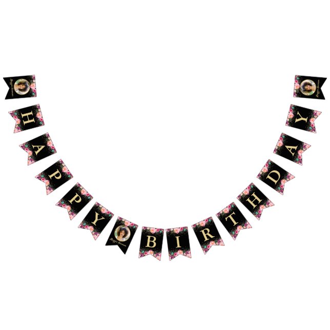 Personalized Photo Pink Floral Black Gold Birthday Bunting Flags (All)