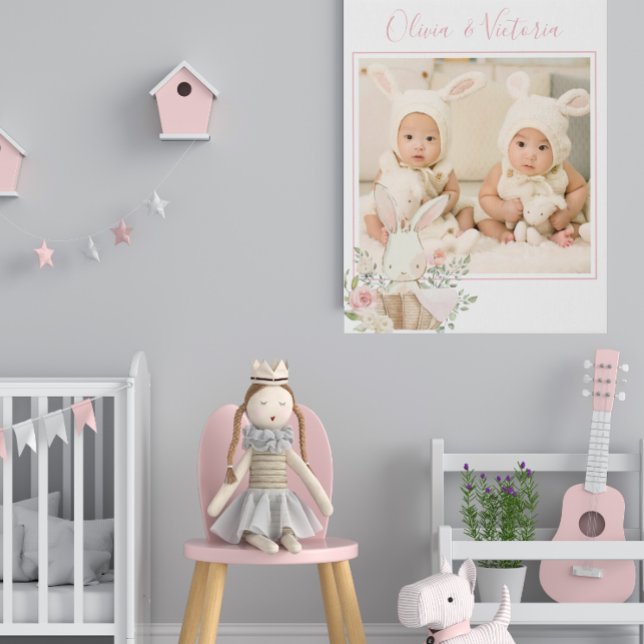 Personalized Photo Pink Floral Bunny Name  Faux Canvas Print (Creator Uploaded)
