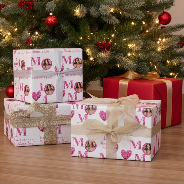 Personalized Photo Pink Floral Lettering Heart Mom Wrapping Paper (Creator Uploaded)