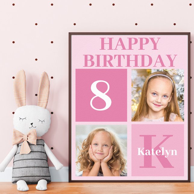 Personalized Photo Pink Girls Happy Birthday Party Poster (Creator Uploaded)
