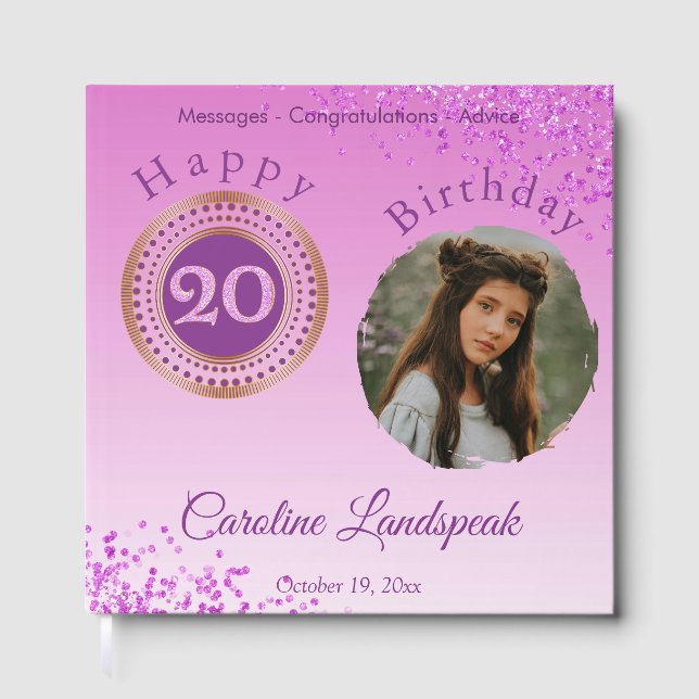Personalized Photo Pink Glitter, 20th Birthday Guest Book (Front)
