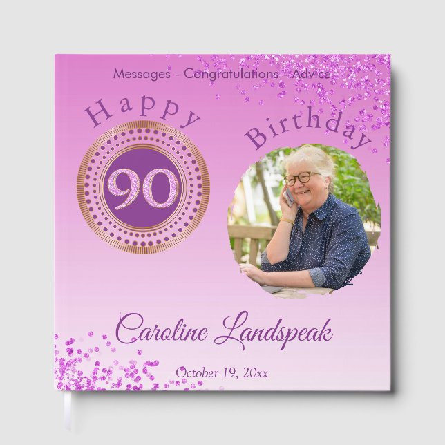 Personalized Photo Pink Glitter, 90th Birthday Guest Book (Front)
