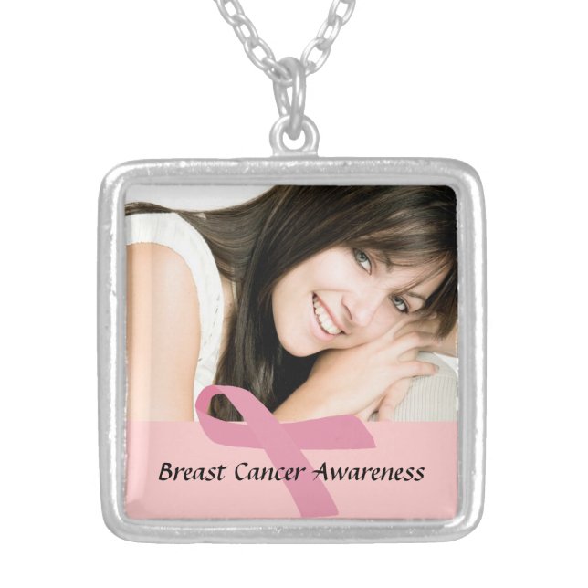 Personalized Photo Pink Ribbon Breast Cancer Silver Plated Necklace (Front)