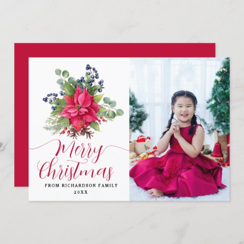 Personalized Photo Poinsettia Holiday Flat Card