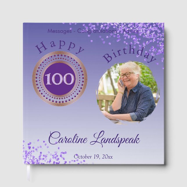 Personalized Photo Purple Glitter, 100th Birthday Guest Book (Front)