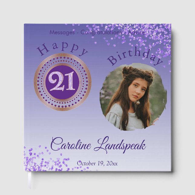 Personalized Photo Purple Glitter, 21st Birthday Guest Book (Front)