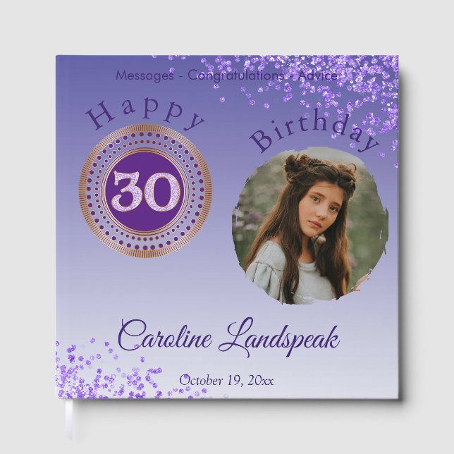 Personalized Photo Purple Glitter, 30th Birthday Guest Book (Front)