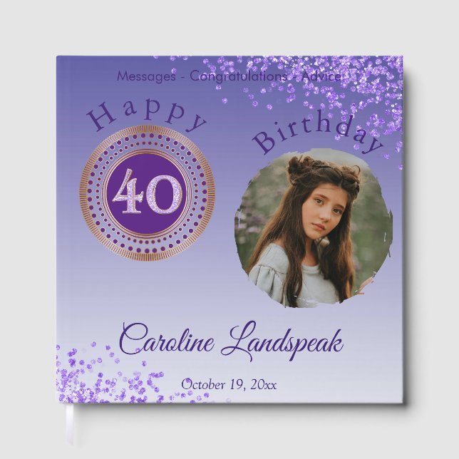 Personalized Photo Purple Glitter, 40th Birthday Guest Book (Front)