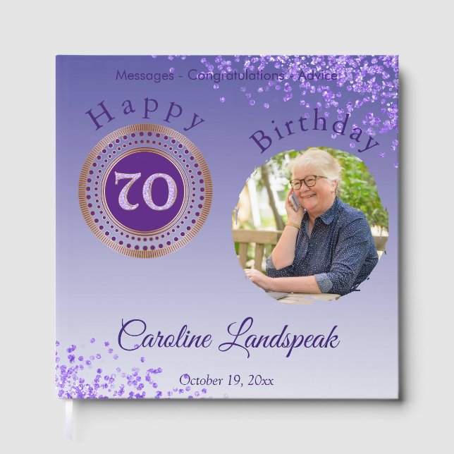 Personalized Photo Purple Glitter, 70th Birthday Guest Book (Front)