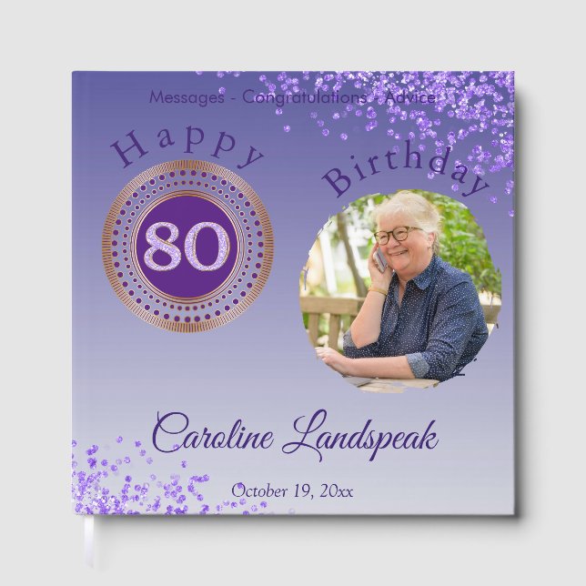 Personalized Photo Purple Glitter, 80th Birthday Guest Book (Front)