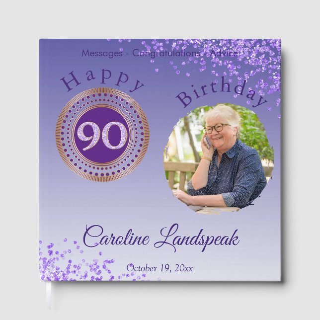 Personalized Photo Purple Glitter, 90th Birthday Guest Book (Front)