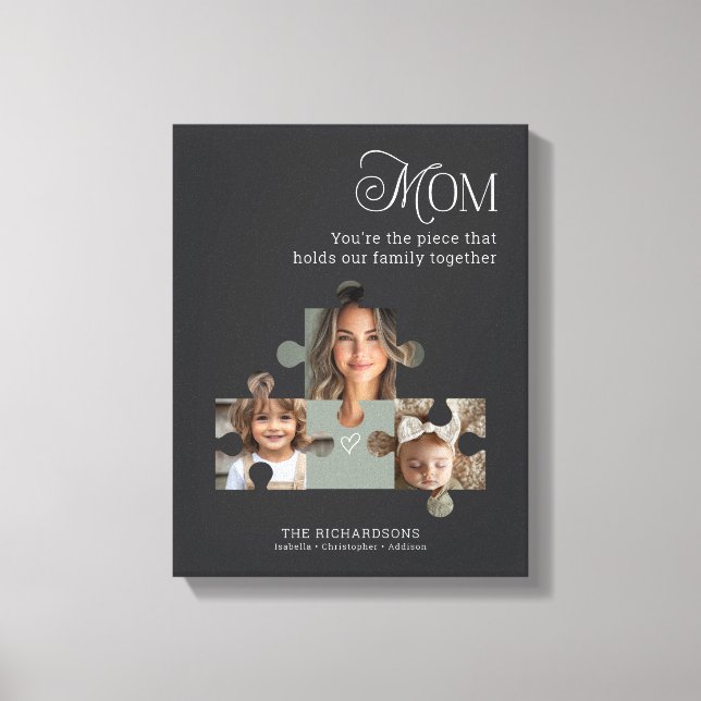 Personalized Photo Puzzle Piece Art Mom + 2 Names Canvas Print (Front)