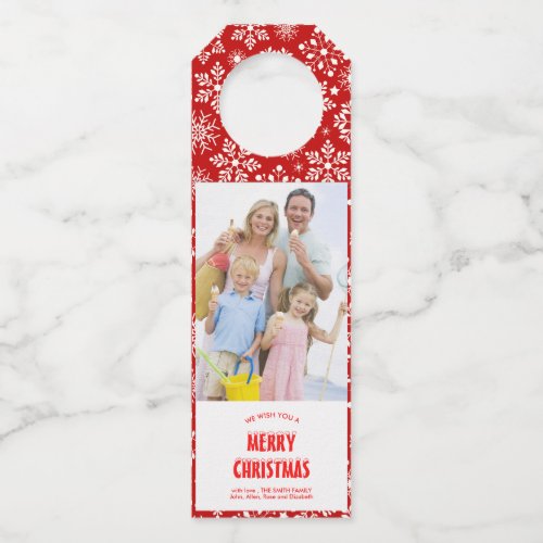 Personalized Photo Red and White Merry Christmas Bottle Hanger Tag