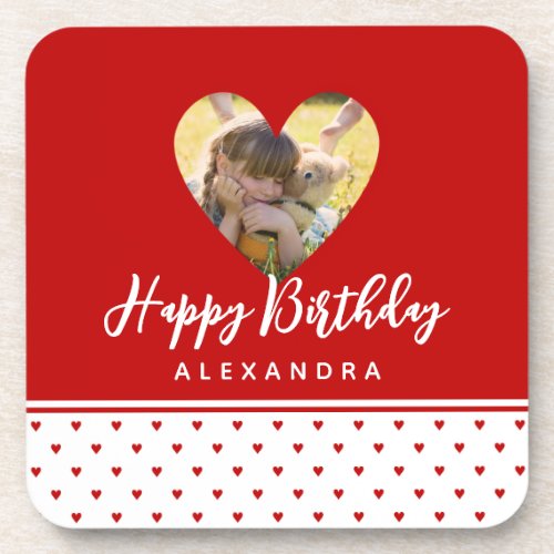 Personalized Photo Red Heart Frame Modern Birthday Beverage Coaster