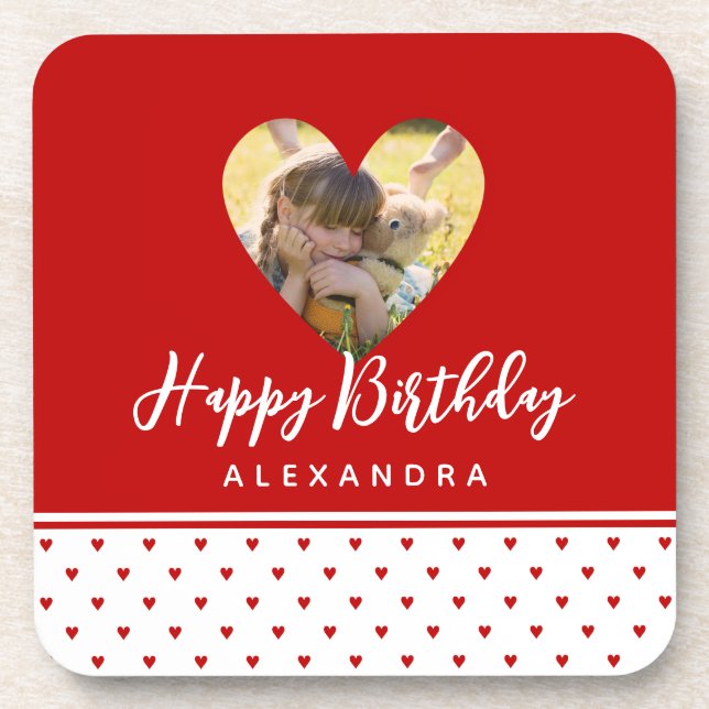Personalized Photo Red Heart Frame Modern Birthday Beverage Coaster (Front)