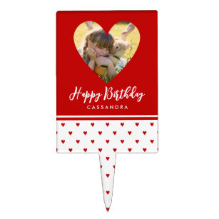 Personalized Photo Red Heart Frame Modern Birthday Cake Topper