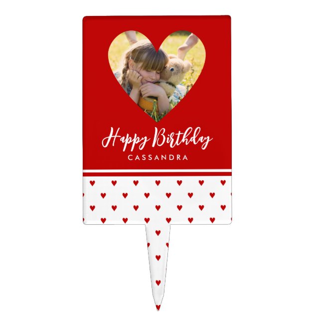 Personalized Photo Red Heart Frame Modern Birthday Cake Topper (Front)