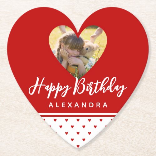 Personalized Photo Red Heart Frame Modern Birthday Paper Coaster