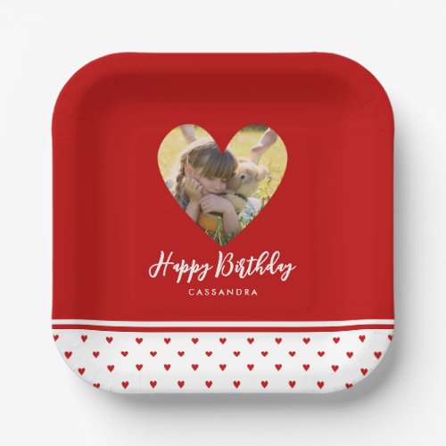 Personalized Photo Red Heart Frame Modern Birthday Paper Plates