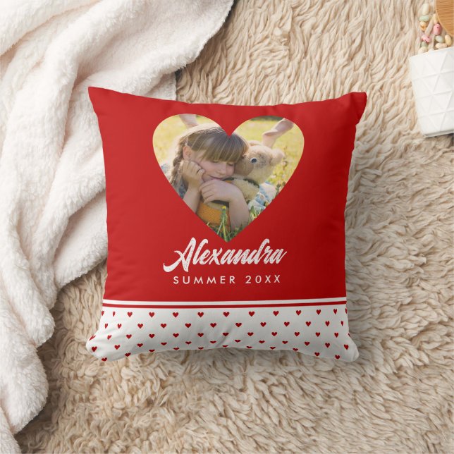 Personalized Photo Red Heart Frame Modern Birthday Throw Pillow (Blanket)