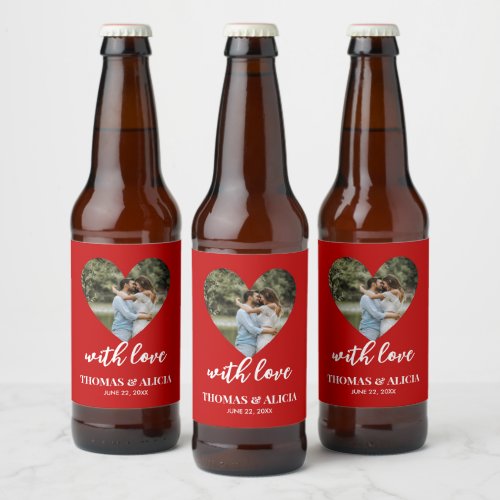 Personalized Photo Red Heart Frame Modern Wedding Beer Bottle Label