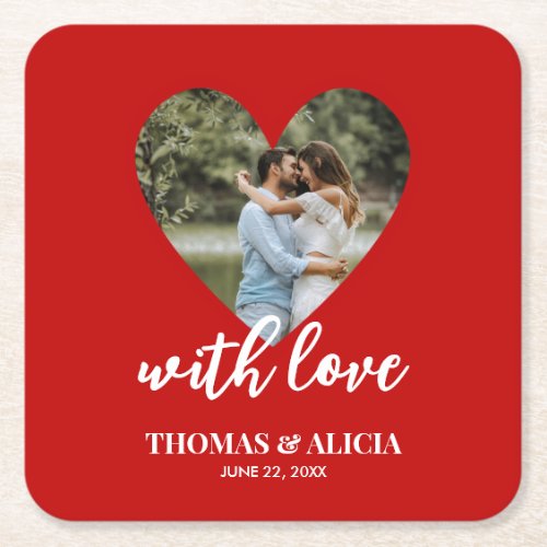 Personalized Photo Red Heart Frame Modern Wedding  Square Paper Coaster