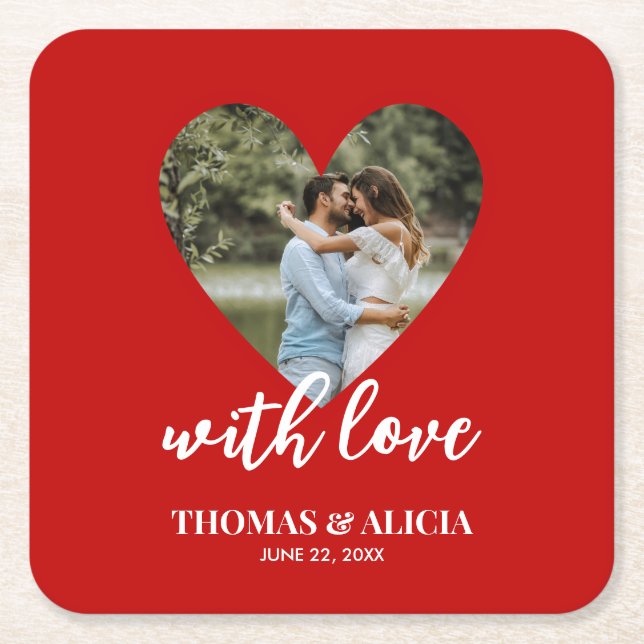 Personalized Photo Red Heart Frame Modern Wedding  Square Paper Coaster (Front)