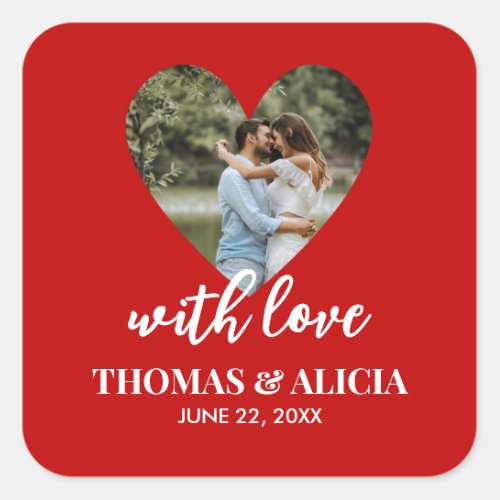 Personalized Photo Red Heart Frame Modern Wedding Square Sticker