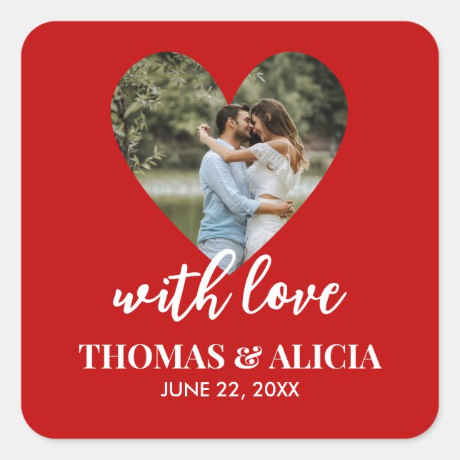 Personalized Photo Red Heart Frame Modern Wedding Square Sticker (Front)