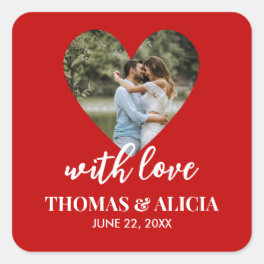 Personalized Photo Red Heart Frame Modern Wedding Square Sticker
