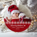Personalized Photo Red White Babys First Christmas Ornament<br><div class="desc">Celebrate baby's first Christmas with this cute ornament,  featuring a row of white snowflakes and white text on a red background. Personalize it with baby's photo and name in a playful font.</div>
