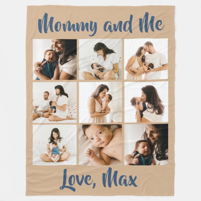 Personalized Photo Retro Beige Blue Mommy and Me Fleece Blanket (Front)