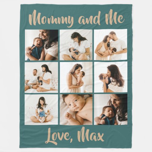 Personalized Photo Retro Green Beige Mommy and Me Fleece Blanket