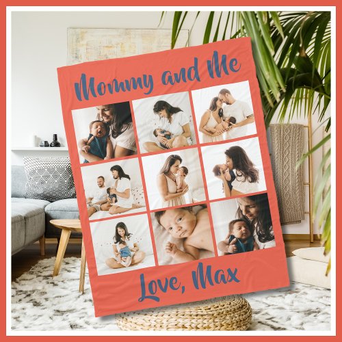 Personalized Photo Retro Orange Blue Mommy and Me Fleece Blanket