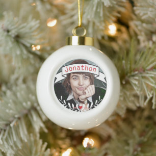 Personalized Photo Retro Typography Banner Garland Ceramic Ball Christmas Ornament