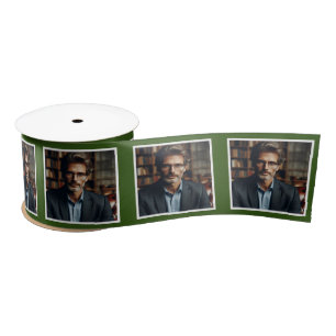 Personalized Photo Ribbon White on Forest Green
