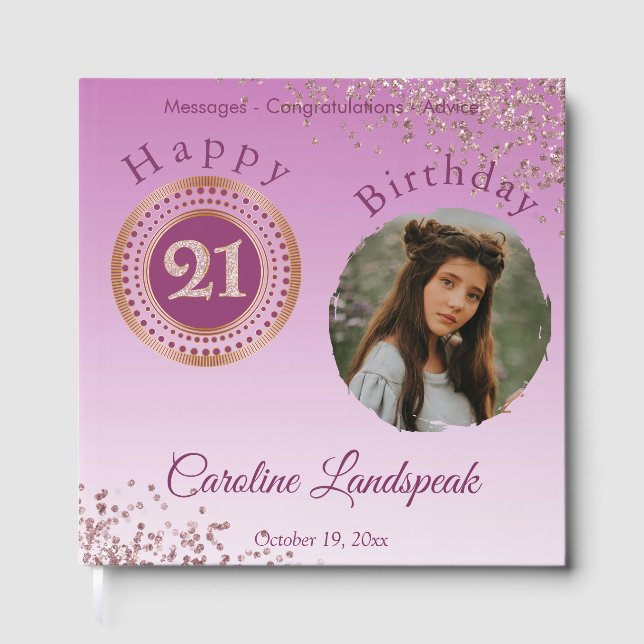 Personalized Photo Rose Gold Glitter 21st Birthday Guest Book (Front)