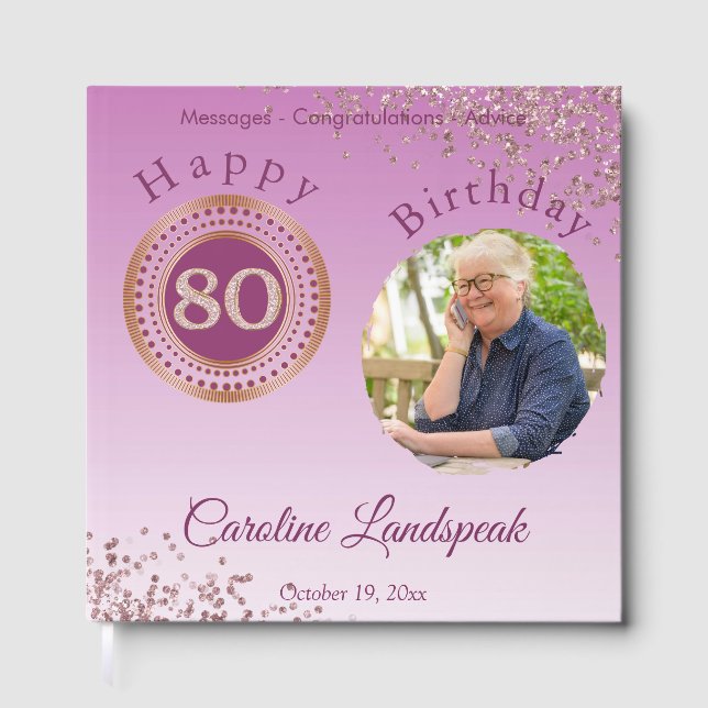 Personalized Photo Rose Gold Glitter 80th Birthday Guest Book (Front)